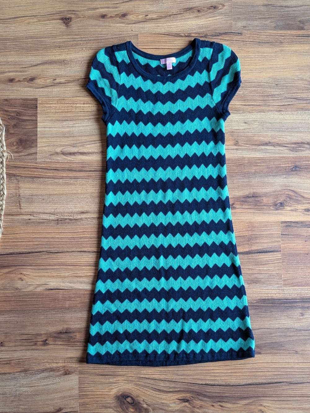 Lilly Pulitzer Merino Wool Chevron Knit Cap Sleeve Dress in Teal and Black
